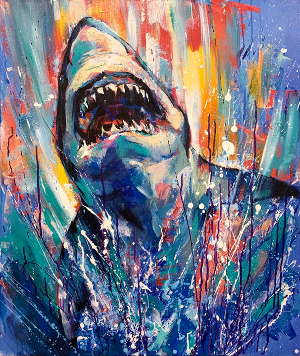 Malarstwo zatytułowany „Shark Splash, Acryl…” autorstwa Dimitri Sirenko, Oryginalna praca, Akryl