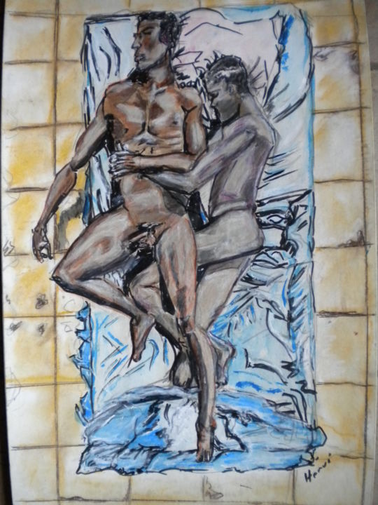 Painting titled "au lit on dort" by Herve Yann Dubois, Original Artwork, Gouache