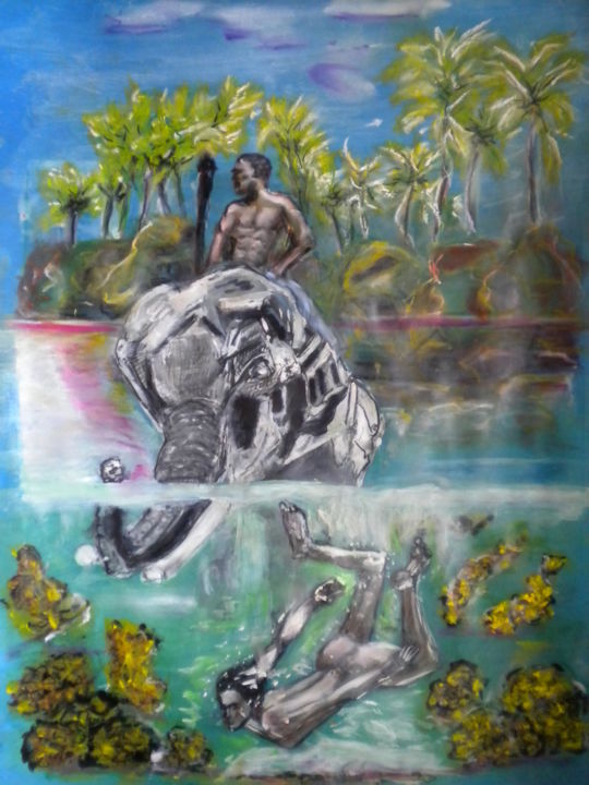 Painting titled "je chasse le tigrion" by Herve Yann Dubois, Original Artwork, Gouache
