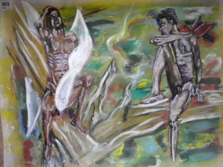 Pintura intitulada "querelle d'anges ga…" por Herve Yann Dubois, Obras de arte originais, Guache