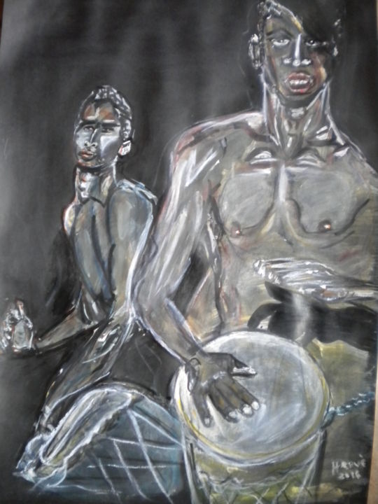 Painting titled "BLACK PERCUSSION" by Herve Yann Dubois, Original Artwork, Gouache