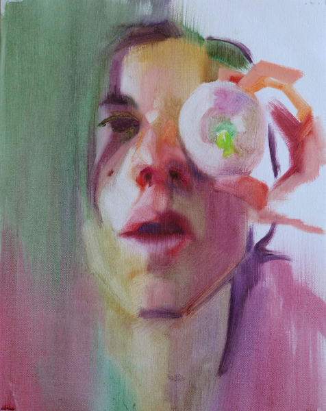 Peinture intitulée "Selfie with Turnip" par Patricia Dubois, Œuvre d'art originale, Huile Monté sur Panneau de bois