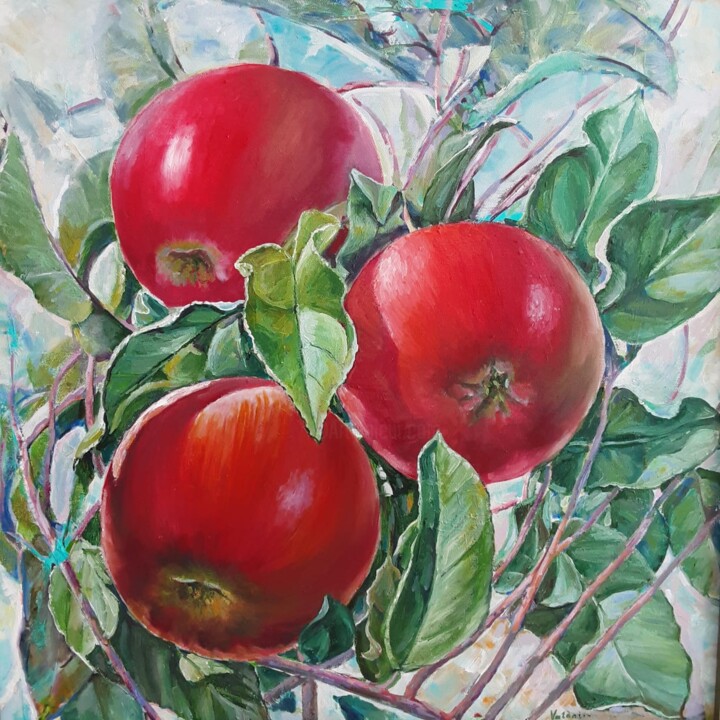Peinture intitulée "Branche de pomme" par Valentyna Dubrovska, Œuvre d'art originale, Huile