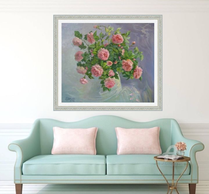 Painting titled "ROSES - Tea roses p…" by Aleksandr Dubrovskyy, Original Artwork, Oil Mounted on Wood Stretcher frame