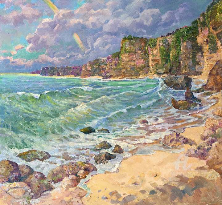 Картина под названием "Bali - Rainbow over…" - Aleksandr Dubrovskyy, Подлинное произведение искусства, Масло Установлен на Д…