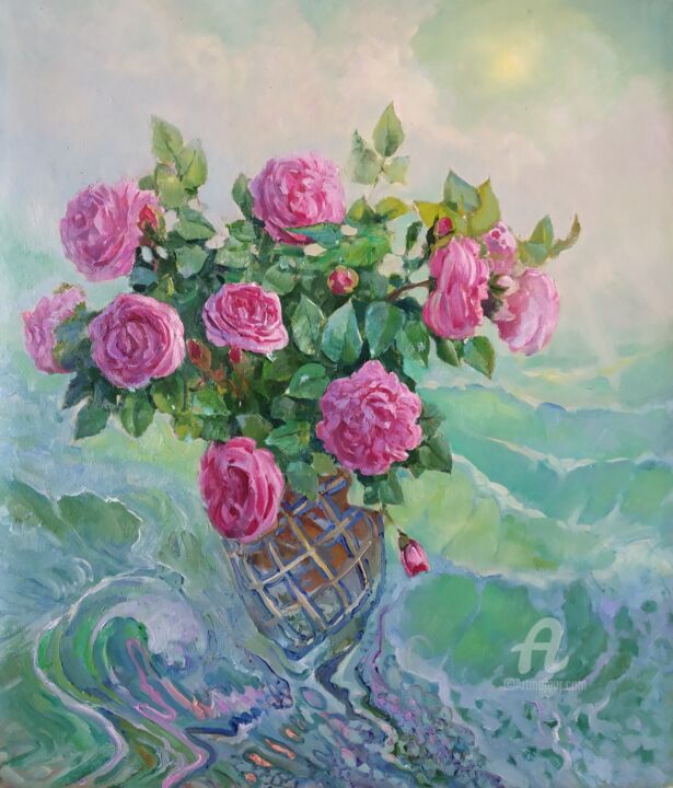 Картина под названием "Bouquet of roses" - Aleksandr Dubrovskyy, Подлинное произведение искусства, Масло Установлен на Дерев…