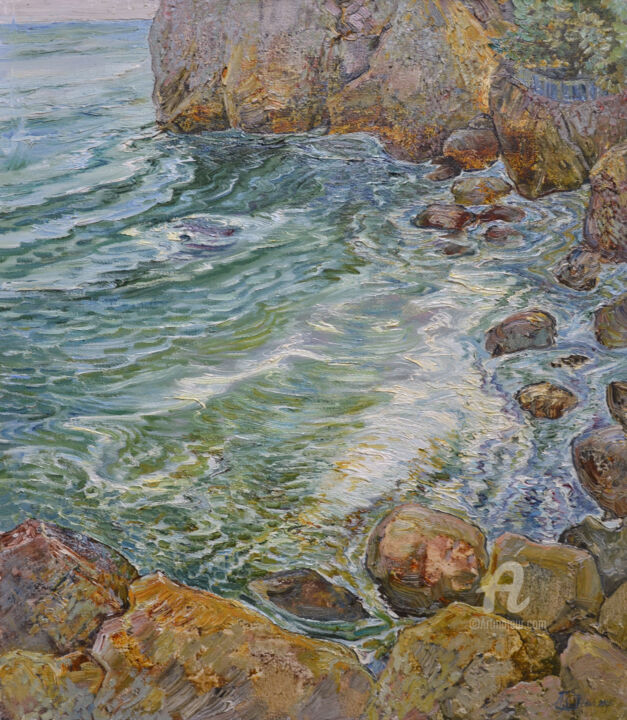 Painting titled "Breath of the sea" by Aleksandr Dubrovskyy, Original Artwork, Oil Mounted on Wood Stretcher frame