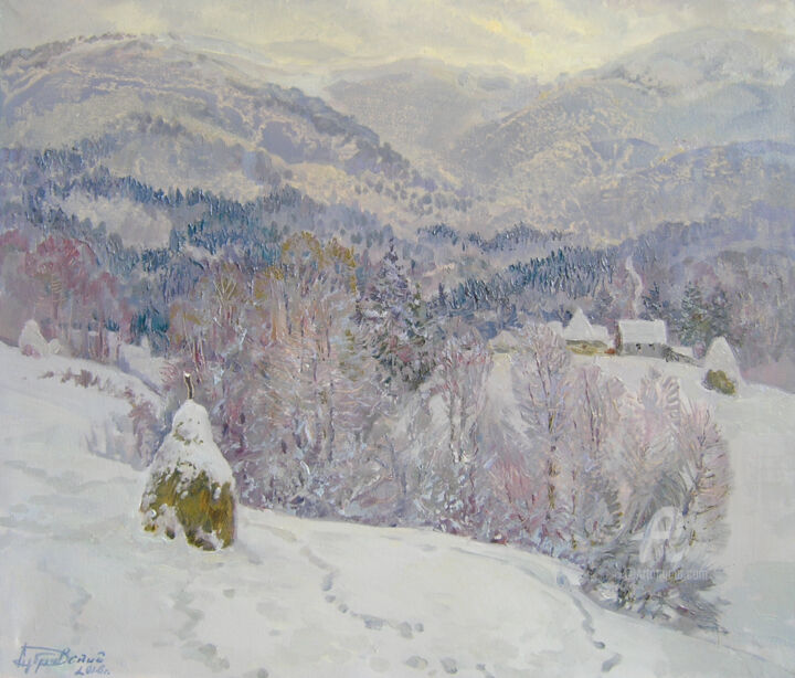 Painting titled "Winter in the mount…" by Aleksandr Dubrovskyy, Original Artwork, Oil Mounted on Wood Stretcher frame