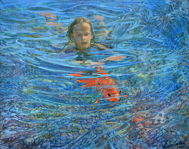 Painting titled "Blue infinity" by Aleksandr Dubrovskyy, Original Artwork, Oil Mounted on Wood Stretcher frame