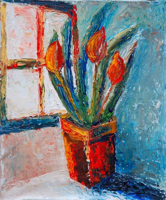 Painting titled "TULIPES" by Monique Ducarton, Original Artwork, Oil Mounted on Wood Stretcher frame