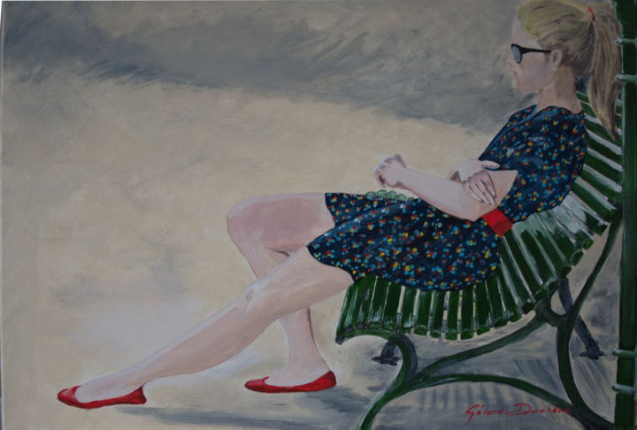 Painting titled "La fille sur le banc" by Gérard Duchêne, Original Artwork, Acrylic Mounted on Wood Stretcher frame