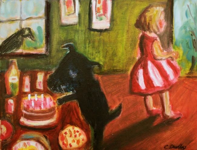 Schilderij getiteld "Birthday Dog" door Dudley, Origineel Kunstwerk, Olie