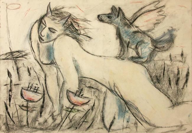 Schilderij getiteld "Angel Dog" door Dudley, Origineel Kunstwerk, Olie