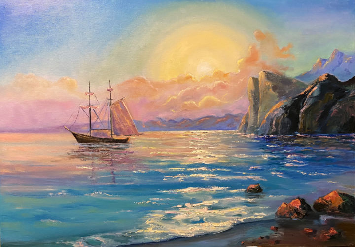 Картина под названием "Утро в морской бухте" - Dmitrii Dudukin (ArtDm), Подлинное произведение искусства, Масло