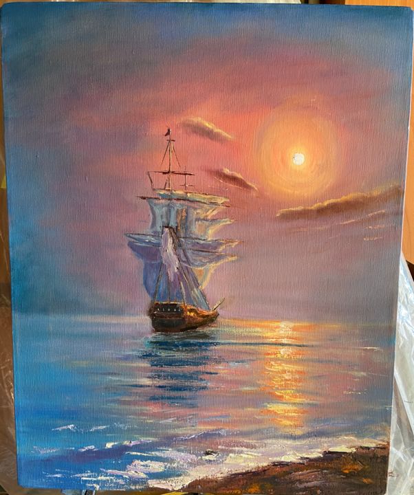 Картина под названием "Ship at sunset" - Dmitrii Dudukin (ArtDm), Подлинное произведение искусства, Масло