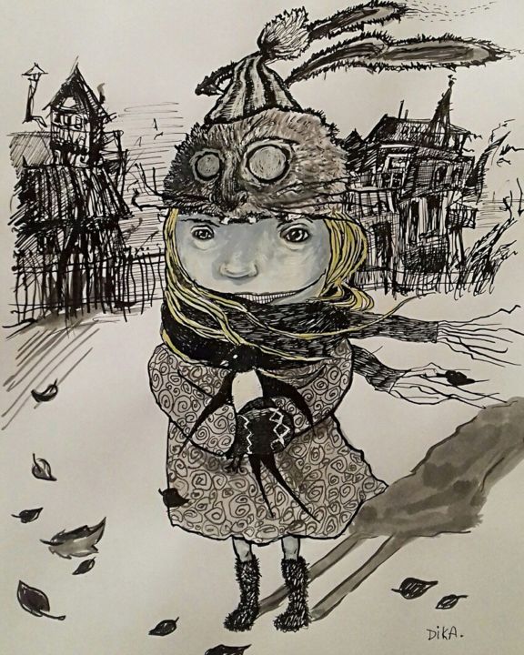 Drawing titled "Маленькая птичка и…" by Dinara Dukenbaeva, Original Artwork, Ink