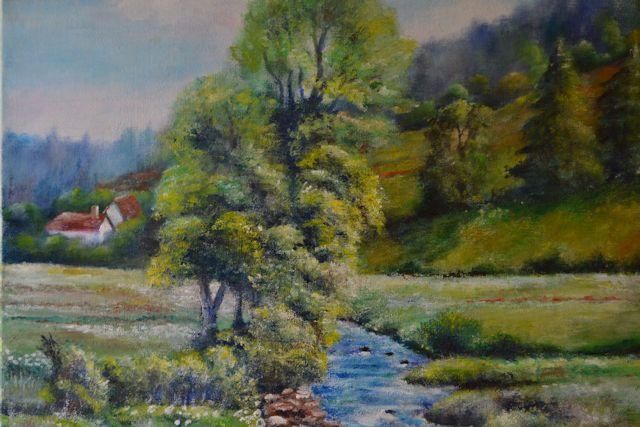 Rivière au pied des sapins - Painting, 41x33 cm ©2012 by Dumamar -
Rivière serpentant au travers d'une prairie