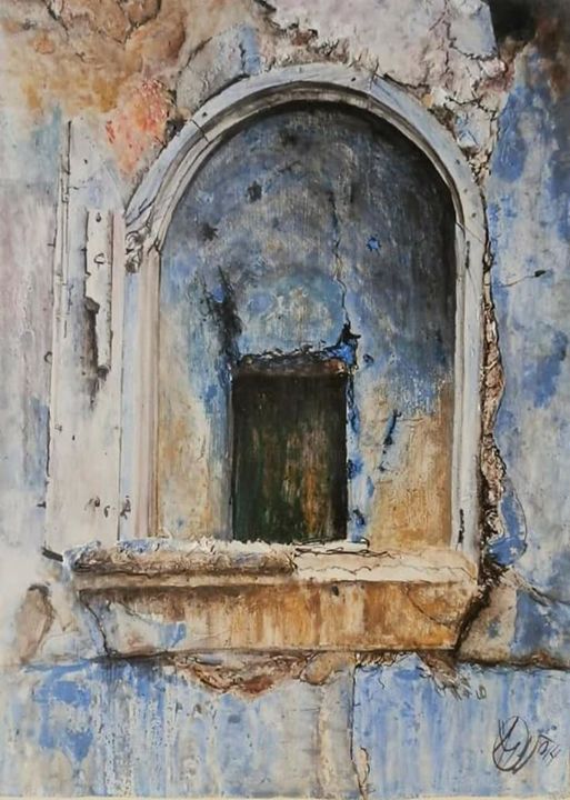 Pittura intitolato "ventana-en-azules.j…" da Ara Varea, Opera d'arte originale