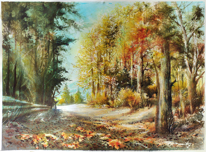 Painting titled "Road to the Green L…" by Dumitru Barliga, Original Artwork, Oil