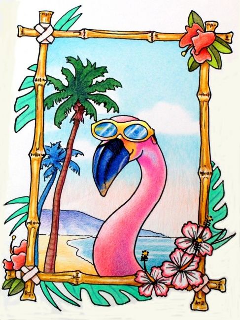图画 标题为“Flamingos are Cool” 由John Hudson Hawke, 原创艺术品