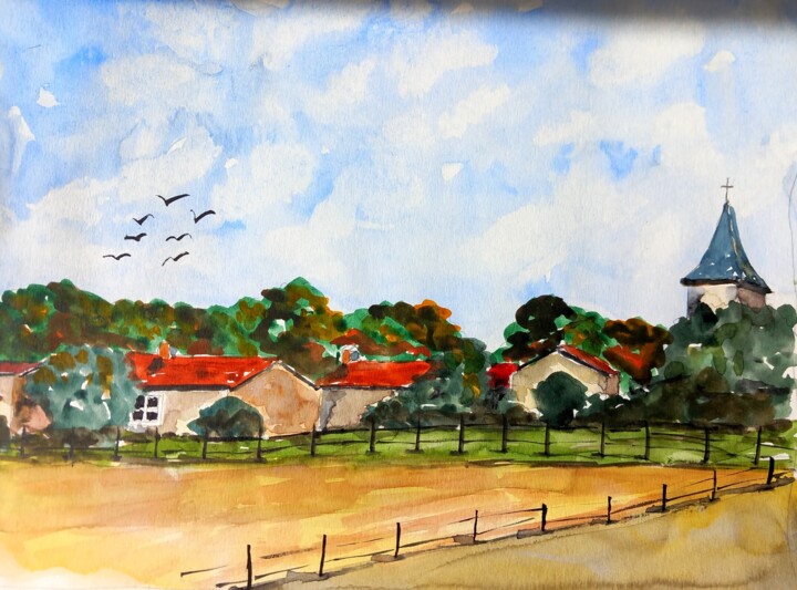 Painting titled "Mon village" by Dupicard, Original Artwork, Watercolor
