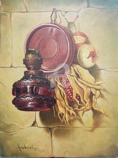 Painting titled "old lamp" by Dusan Vukovic, Original Artwork, Oil