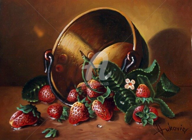 Painting titled "stawberries" by Dusan Vukovic, Original Artwork, Oil