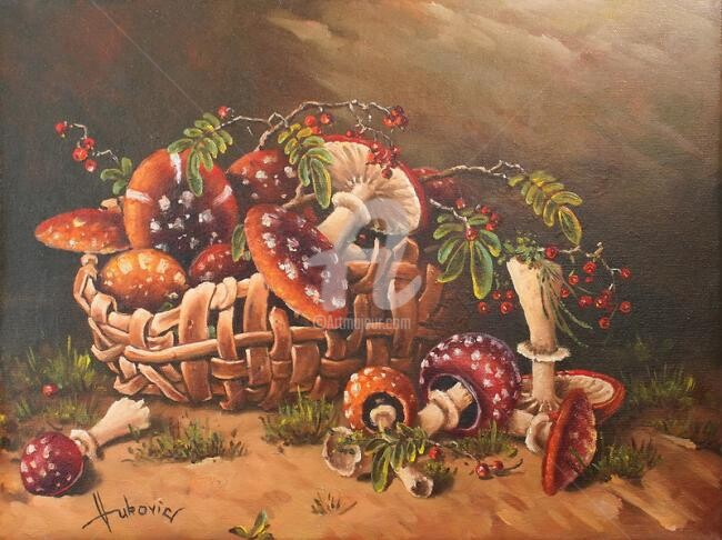 Painting titled "mushrooms" by Dusan Vukovic, Original Artwork, Oil