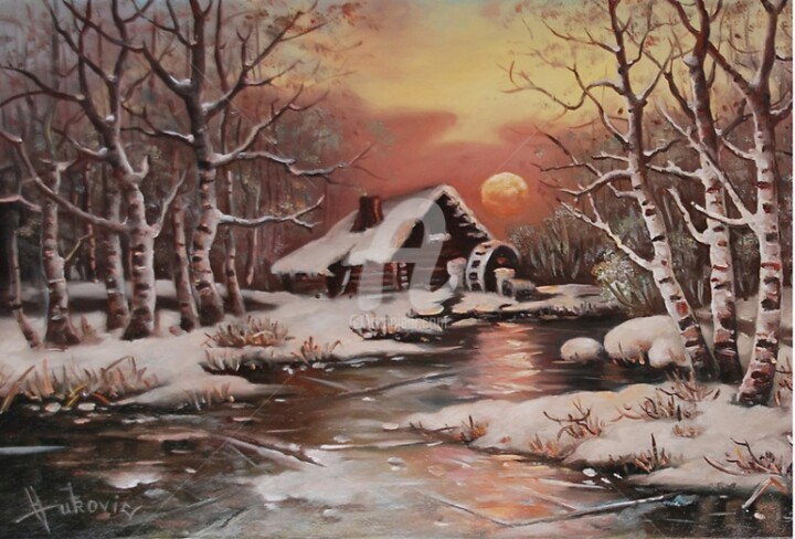 Pintura titulada "old mill in the snow" por Dusan Vukovic, Obra de arte original, Oleo