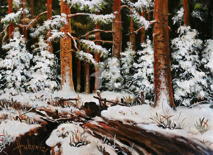 Malarstwo zatytułowany „Winter in the woods” autorstwa Dusan Vukovic, Oryginalna praca, Olej