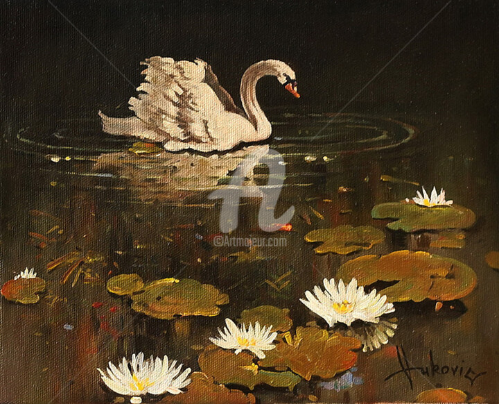 Pintura intitulada "lonely swan" por Dusan Vukovic, Obras de arte originais, Óleo