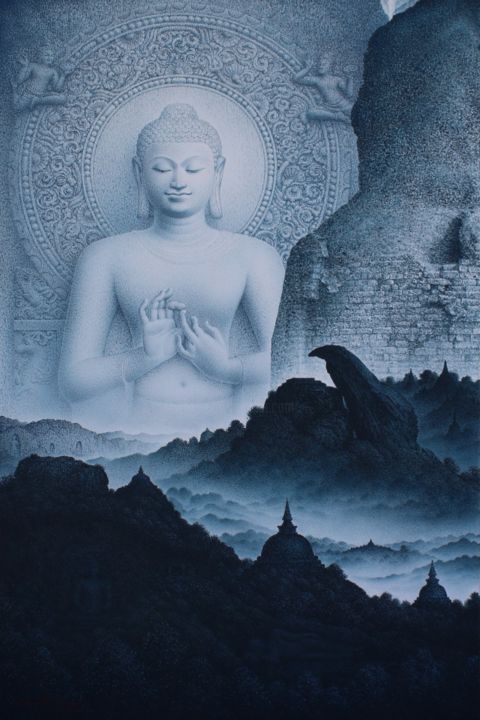 Pittura intitolato ""Buddha beyond time"" da Dusit Jaiban, Opera d'arte originale, Olio