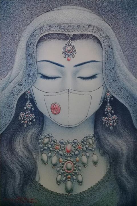 Painting titled "mask on beauty" by Dusit Jaiban, Original Artwork, Oil