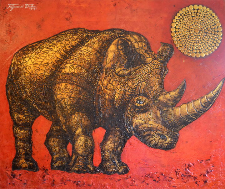 Painting titled ""Golden Rhinoceros"" by Angel, Original Artwork, Oil