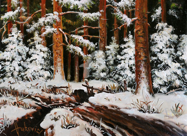 Painting titled "Winter in the woods" by Dusan Vukovic, Original Art, Oil
