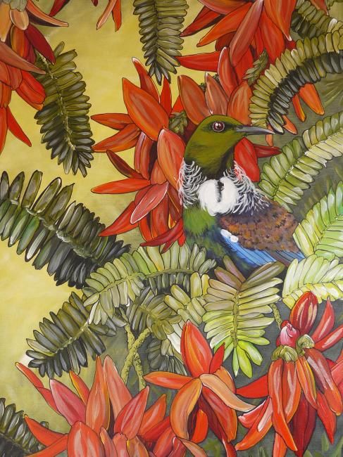 Pittura intitolato "New Zealand Tui and…" da Janine Westbury - Prowse, Opera d'arte originale