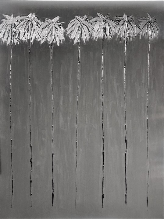 Malarstwo zatytułowany „Lucky 7 Palms (Blac…” autorstwa Dutch Montana, Oryginalna praca, Olej Zamontowany na Drewniana rama…