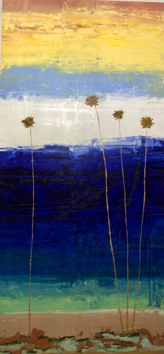 Painting titled "Four Palms" by Dutch Montana, Original Artwork, Oil Mounted on Wood Stretcher frame