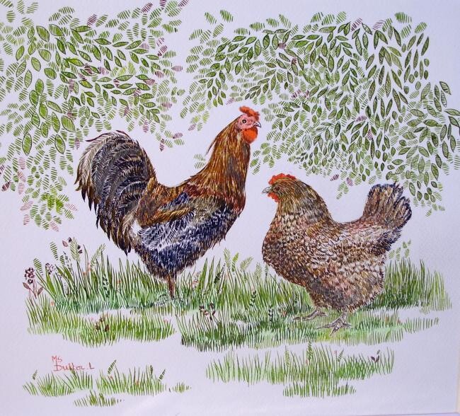 Pintura intitulada "Le coq et sa poule.…" por Monique Dutter-Lemierre, Obras de arte originais