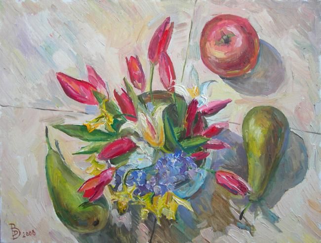 Painting titled "Ранние тюльпаны" by Dmitry Veltishchev, Original Artwork