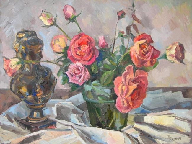 Картина под названием "Розы и скульптура." - Dmitry Veltishchev, Подлинное произведение искусства, Масло