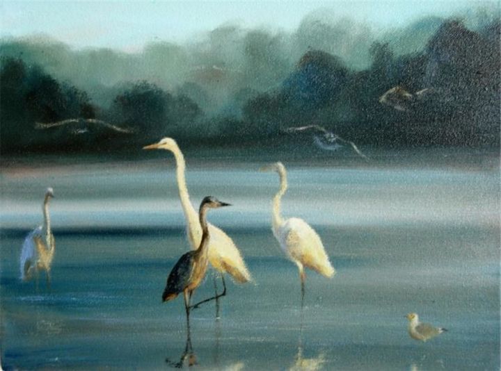 Peinture intitulée "Herons" par Eva Dvorzsak, Œuvre d'art originale, Huile