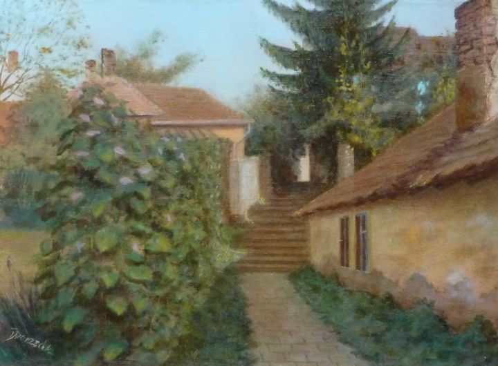 Painting titled "Back street" by Eva Dvorzsak, Original Artwork
