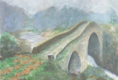 Painting titled "Bridge to who knows…" by Eva Dvorzsak, Original Artwork, Watercolor