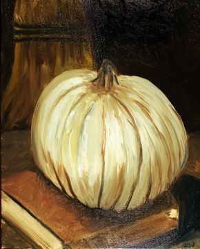 Painting titled "Ghost Pumpkin" by Denise Wellenstein, Original Artwork, Oil