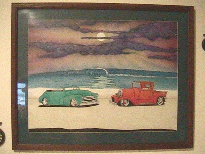 Painting titled "Hotrod beach" by Dan Deloge, Original Artwork, Oil