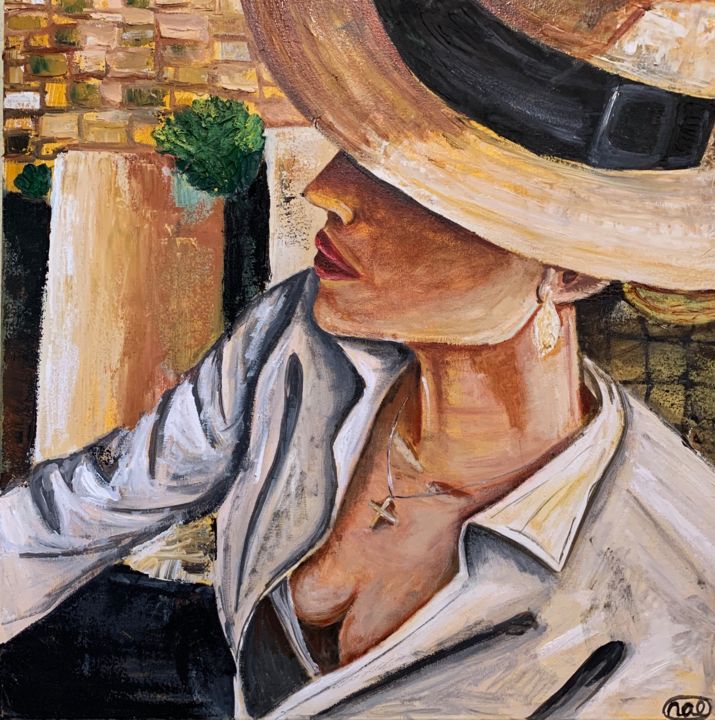 Painting titled "WOMAN in a hat" by Nataliia Diadyk (NAE), Original Artwork, Oil Mounted on Wood Stretcher frame