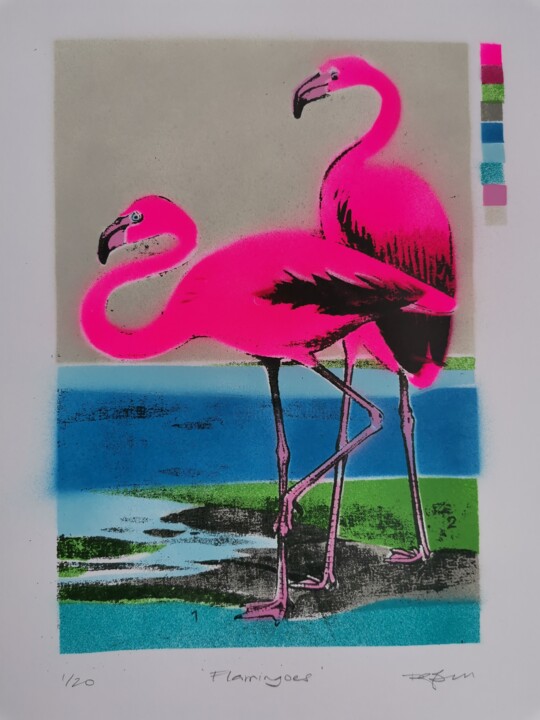 Gravures & estampes intitulée "'Flamingoes' - Neon…" par Dylan Bell (Bells Galleries), Œuvre d'art originale, Bombe aérosol