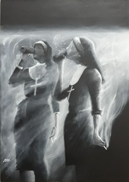 Schilderij getiteld "Монашки тоже курят." door Dzmitry Vasilenka, Origineel Kunstwerk, Olie Gemonteerd op Houten paneel