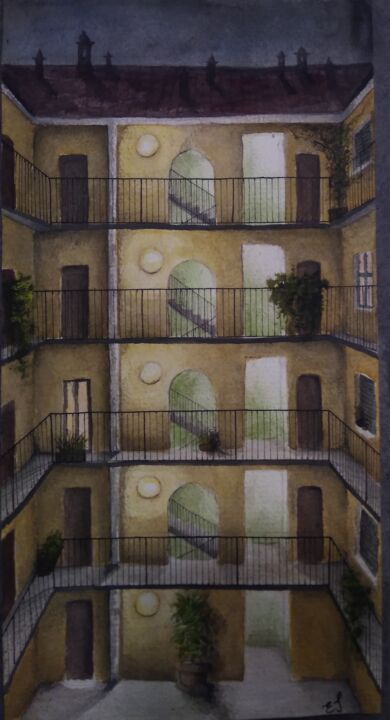 Schilderij getiteld "Notturno a Milano" door E I, Origineel Kunstwerk, Aquarel
